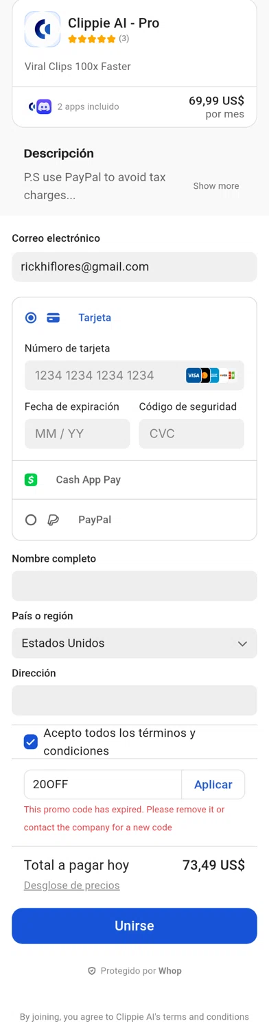 Clippie AI promo code screenshot showing code 20OFF applied at Clippie AI checkout page. Uploaded by SimplyCodes community member 5000krick on Oct 6, 2025