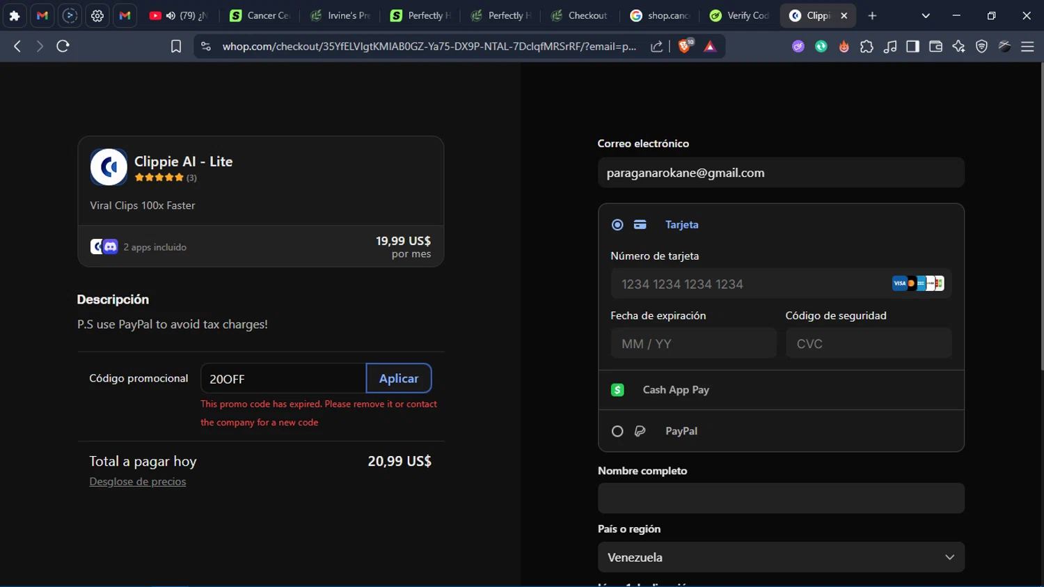 Clippie AI promo code screenshot showing code 20OFF applied at Clippie AI checkout page. Uploaded by SimplyCodes community member Charlote on Oct 6, 2025