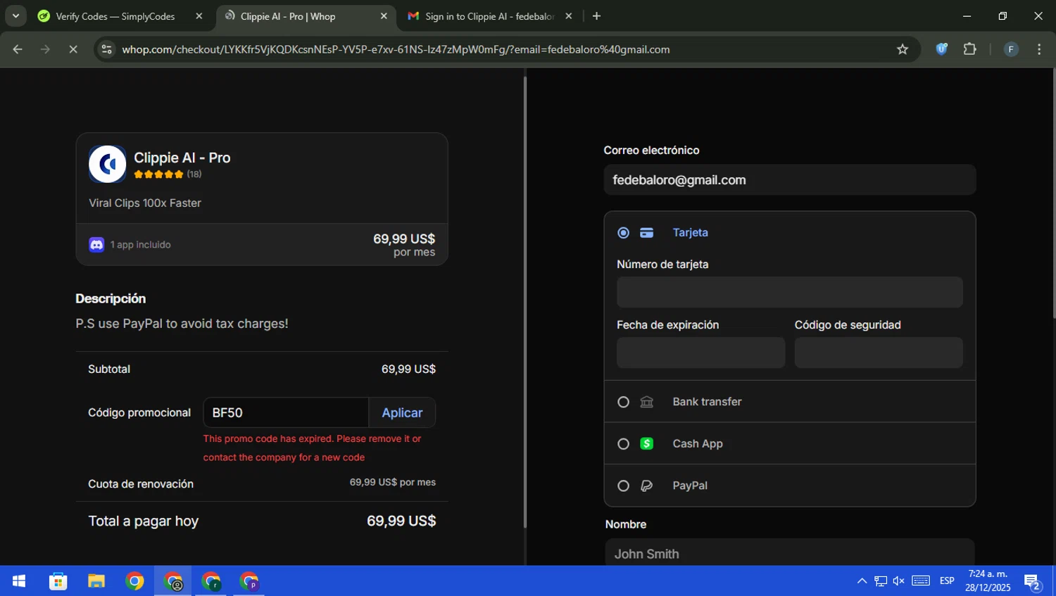 Clippie AI promo code screenshot showing code BF50 applied at Clippie AI checkout page. Uploaded by SimplyCodes community member pajarito on Dec 28, 2025
