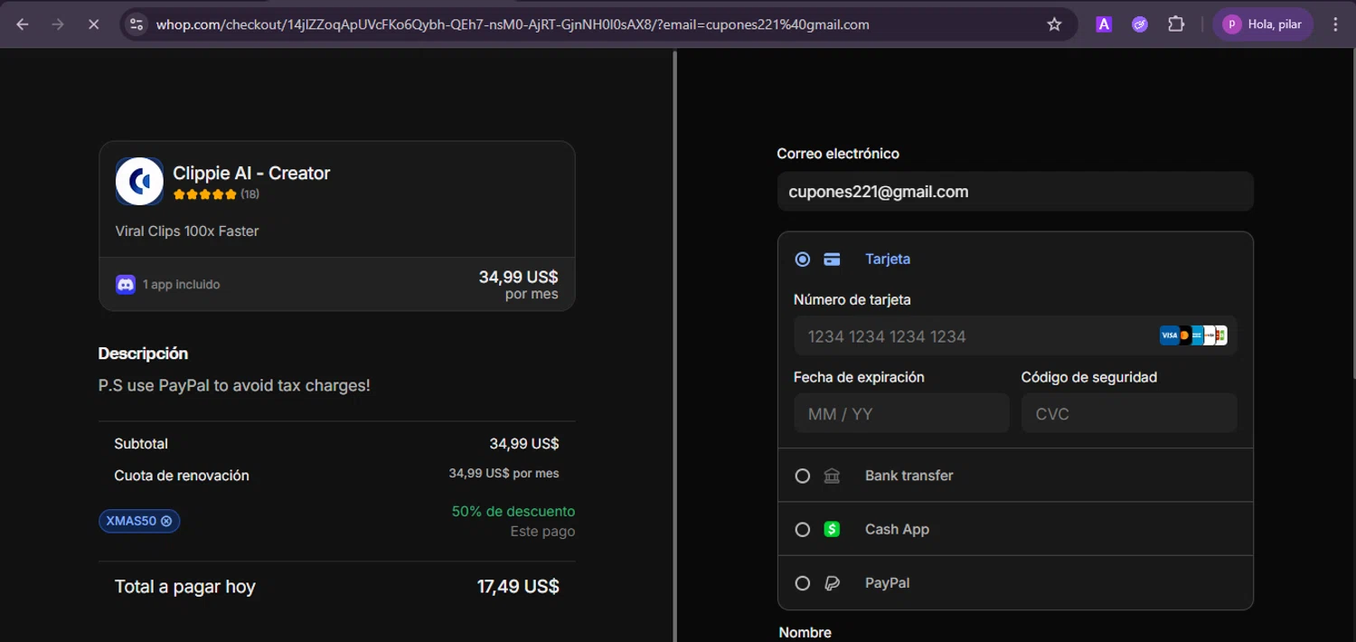 Clippie AI promo code screenshot showing code XMAS50 applied at Clippie AI checkout page. Uploaded by SimplyCodes community member firoas on Dec 27, 2025