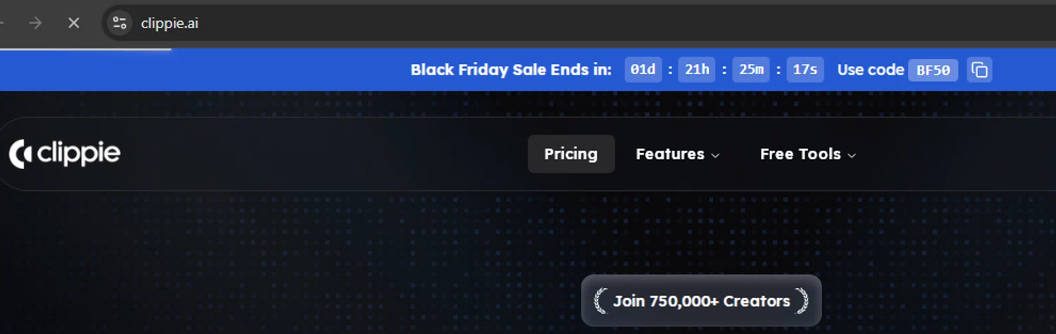 Clippie AI promo code screenshot showing code BF50 applied at Clippie AI checkout page. Uploaded by SimplyCodes community member argenygalvez on Nov 29, 2025
