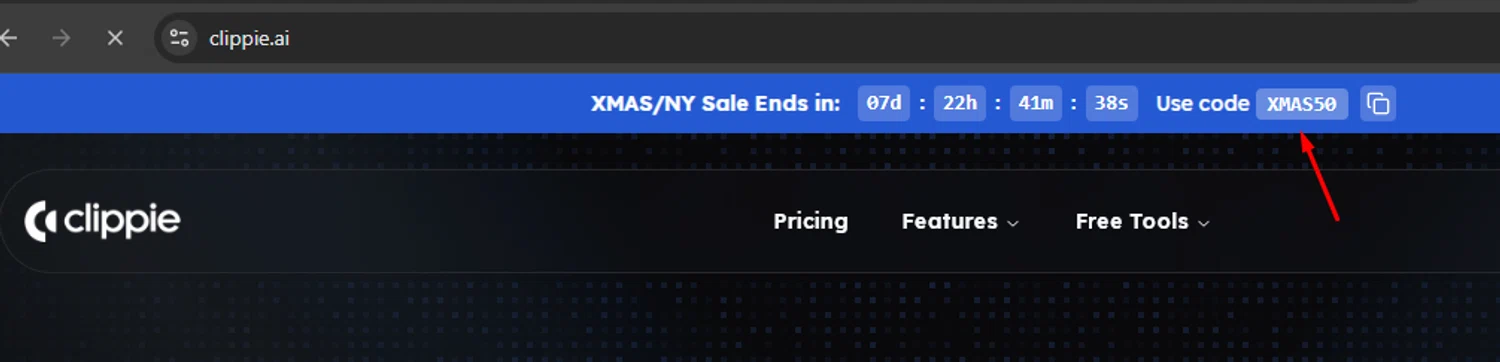 Clippie AI promo code screenshot showing code XMAS50 applied at Clippie AI checkout page. Uploaded by SimplyCodes community member argenygalvez on Dec 27, 2025