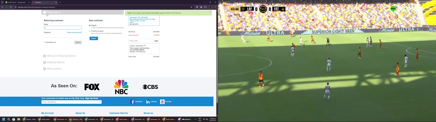 Clip Strips promo code screenshot showing code WELCOME10 applied at Clip Strips checkout page. Uploaded by SimplyCodes community member BrilliantSaver7516 on Jun 20, 2025