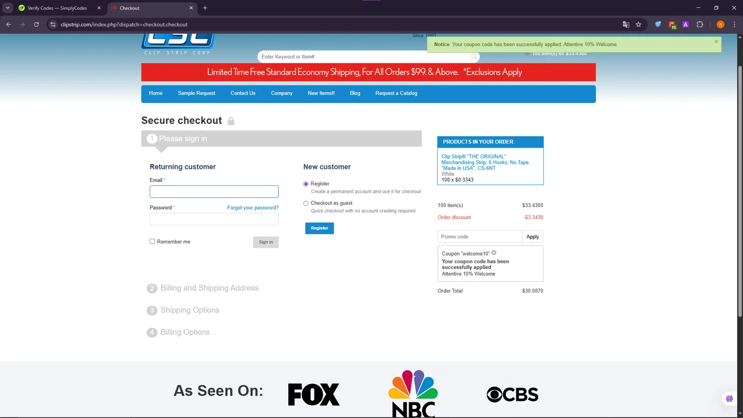 Clip Strips promo code screenshot showing code WELCOME10 applied at Clip Strips checkout page. Uploaded by SimplyCodes community member NobleScholar188 on Sep 26, 2025