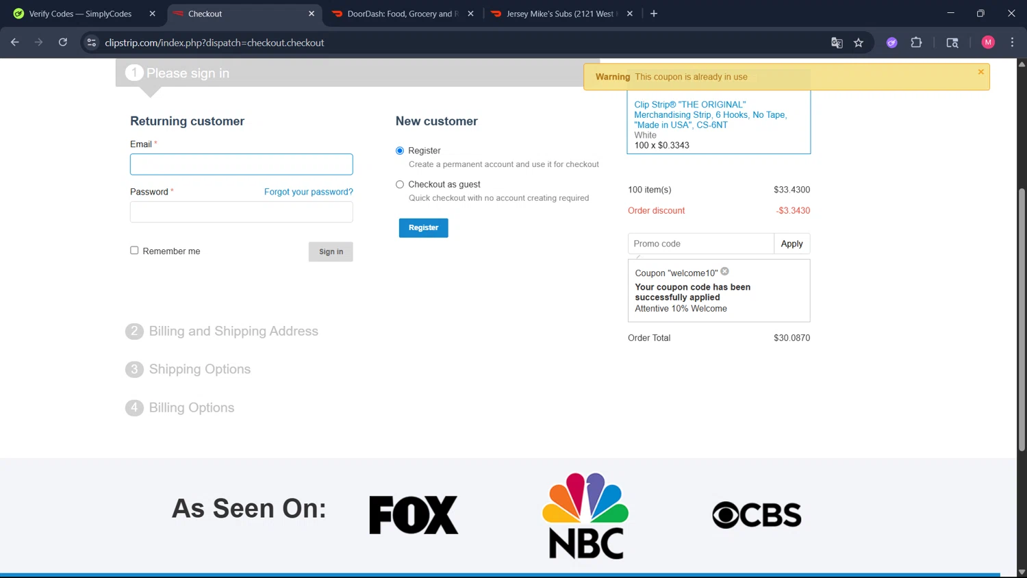 Clip Strips promo code screenshot showing code WELCOME10 applied at Clip Strips checkout page. Uploaded by SimplyCodes community member ValueCollector4159 on Jun 27, 2025