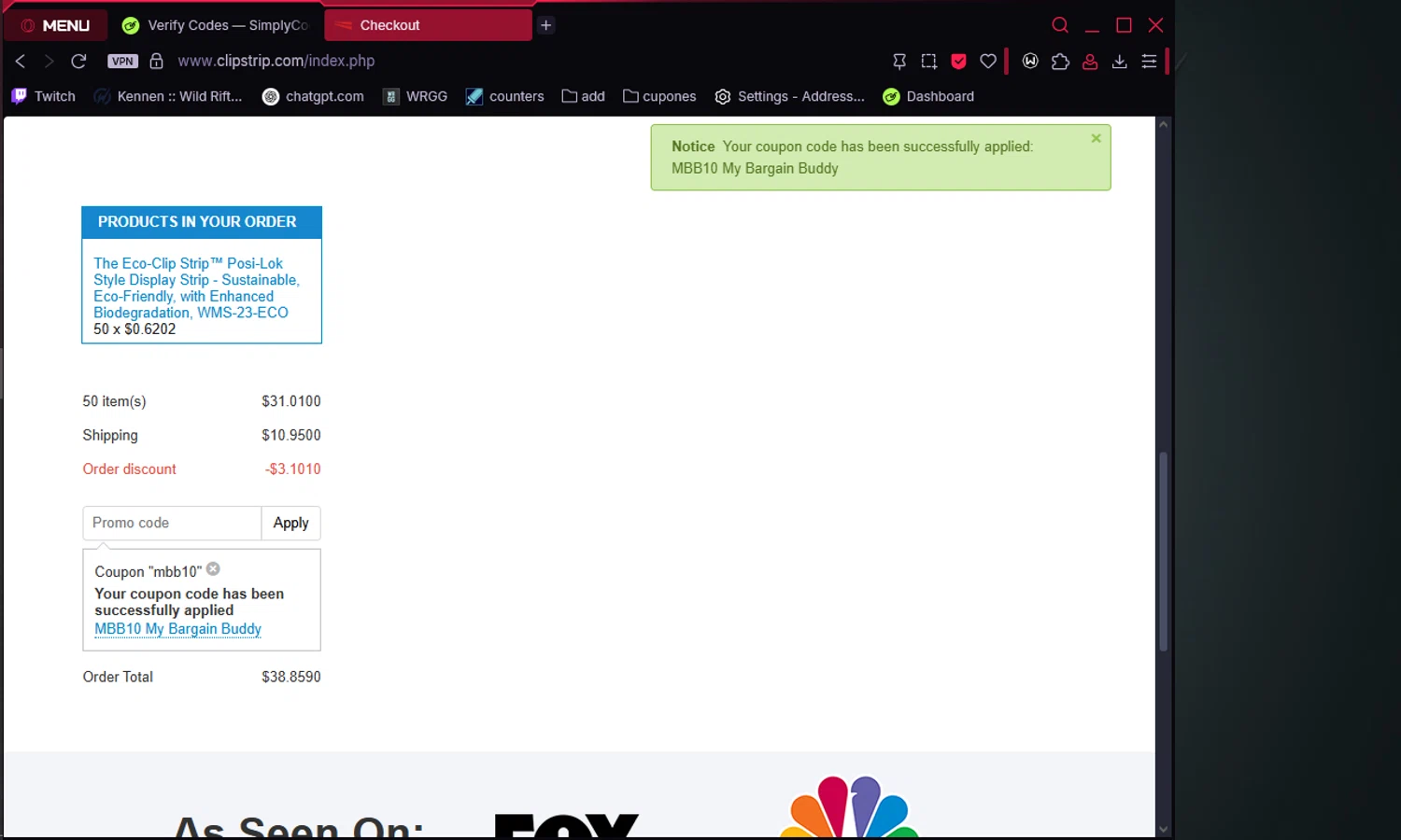 Clip Strips promo code screenshot showing code MBB10 applied at Clip Strips checkout page. Uploaded by SimplyCodes community member Chukaflu on Jun 27, 2025