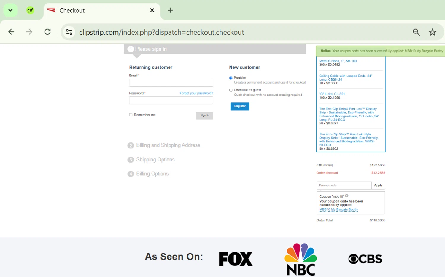 Clip Strips promo code screenshot showing code MBB10 applied at Clip Strips checkout page. Uploaded by SimplyCodes community member CodeVirtuoso1353 on Jun 13, 2025