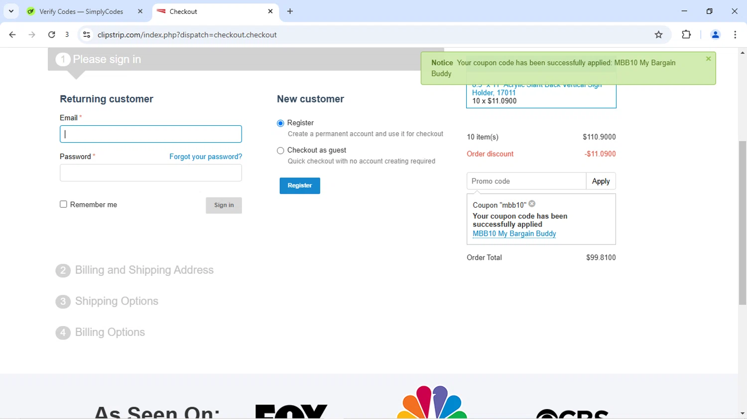 Clip Strips promo code screenshot showing code MBB10 applied at Clip Strips checkout page. Uploaded by SimplyCodes community member JoseVentura on Jun 20, 2025