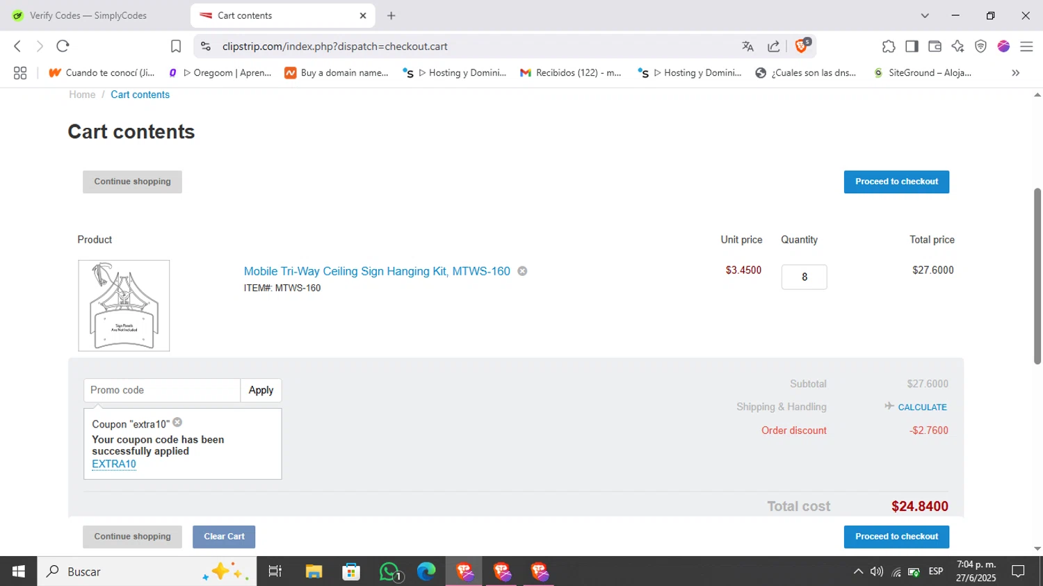 Clip Strips promo code screenshot showing code EXTRA10 applied at Clip Strips checkout page. Uploaded by SimplyCodes community member Kimberly on Jun 27, 2025
