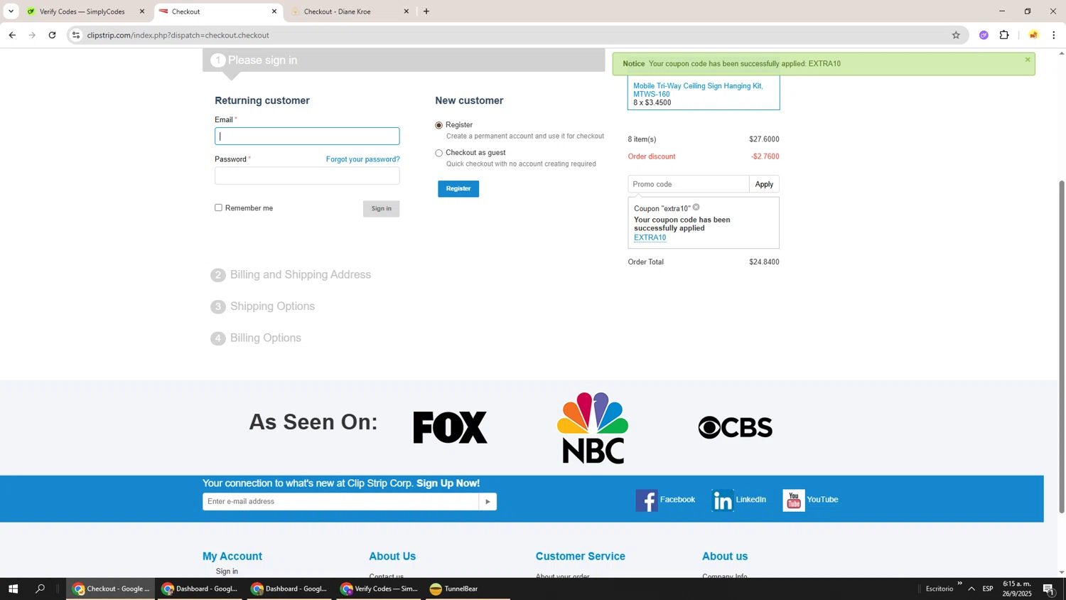 Clip Strips promo code screenshot showing code EXTRA10 applied at Clip Strips checkout page. Uploaded by SimplyCodes community member Richard251 on Sep 26, 2025