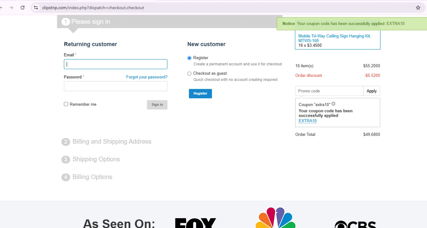 Clip Strips promo code screenshot showing code EXTRA10 applied at Clip Strips checkout page. Uploaded by SimplyCodes community member Samu10 on Jun 20, 2025