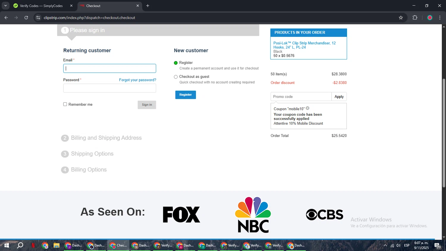 Clip Strips promo code screenshot showing code mobile10 applied at Clip Strips checkout page. Uploaded by SimplyCodes community member AVAMUSTANG on Nov 9, 2025