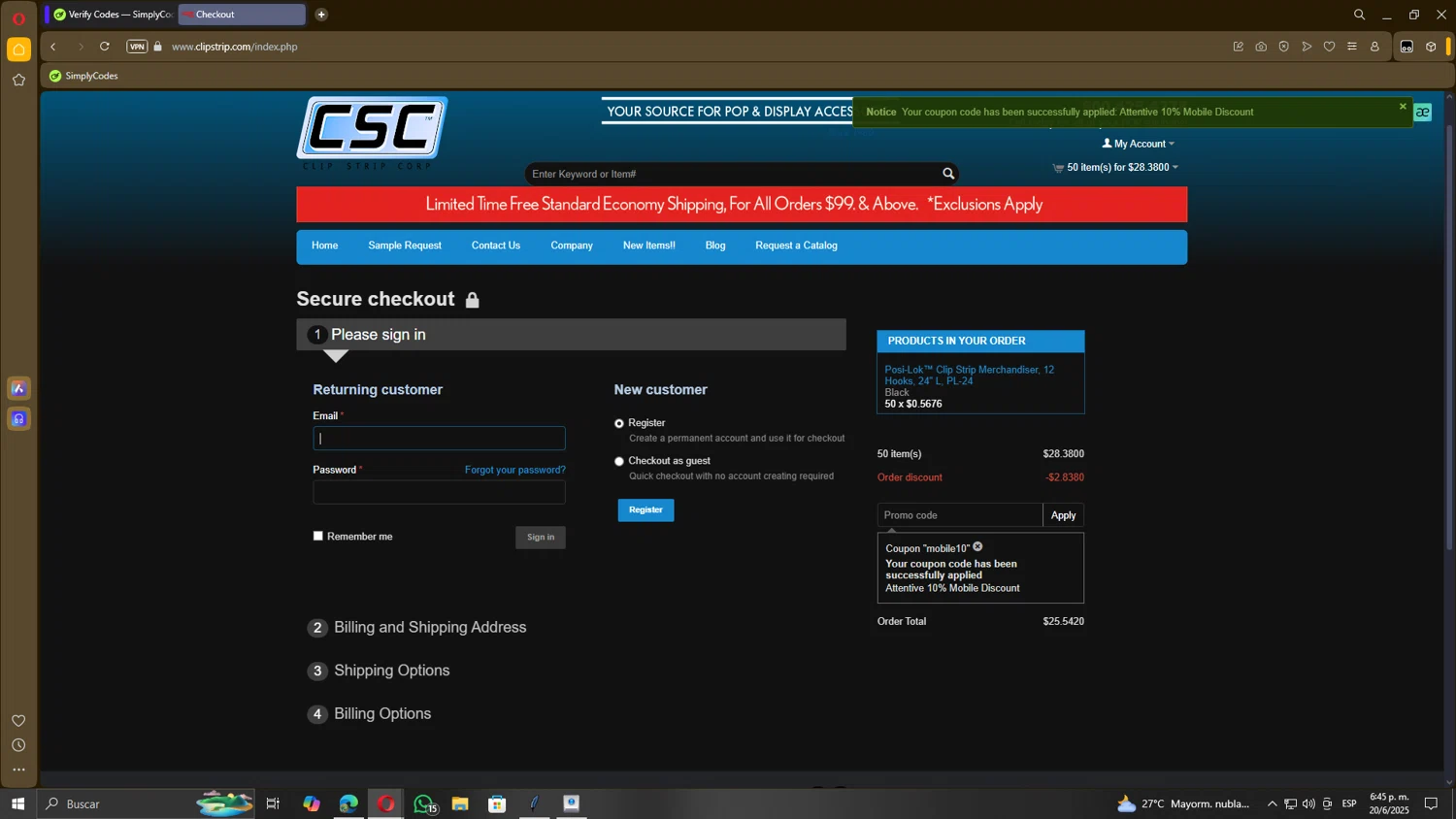 Clip Strips promo code screenshot showing code mobile10 applied at Clip Strips checkout page. Uploaded by SimplyCodes community member KingGhidorah on Jun 20, 2025