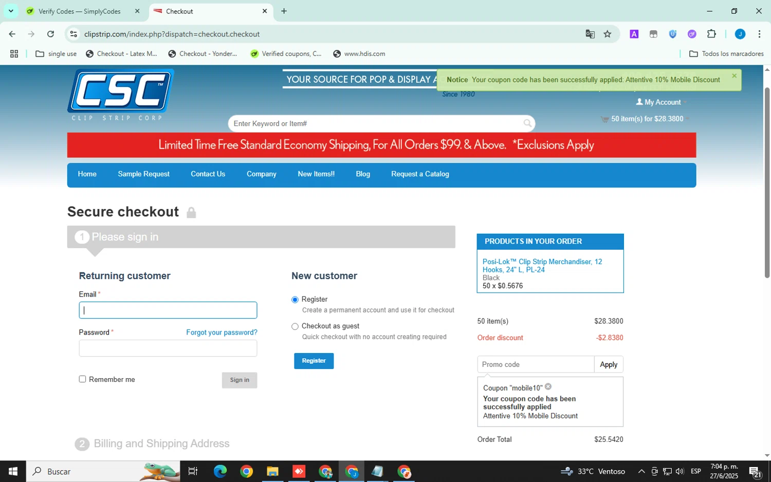 Clip Strips promo code screenshot showing code mobile10 applied at Clip Strips checkout page. Uploaded by SimplyCodes community member Xemocodes on Jun 27, 2025