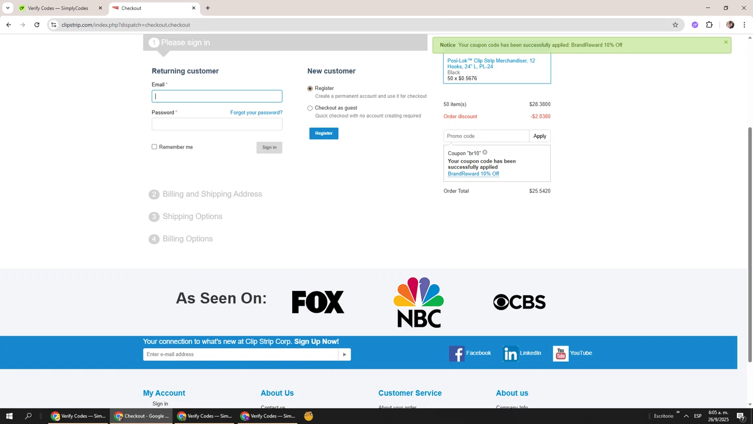 Clip Strips promo code screenshot showing code BR10 applied at Clip Strips checkout page. Uploaded by SimplyCodes community member Levi_Ackerman on Sep 26, 2025