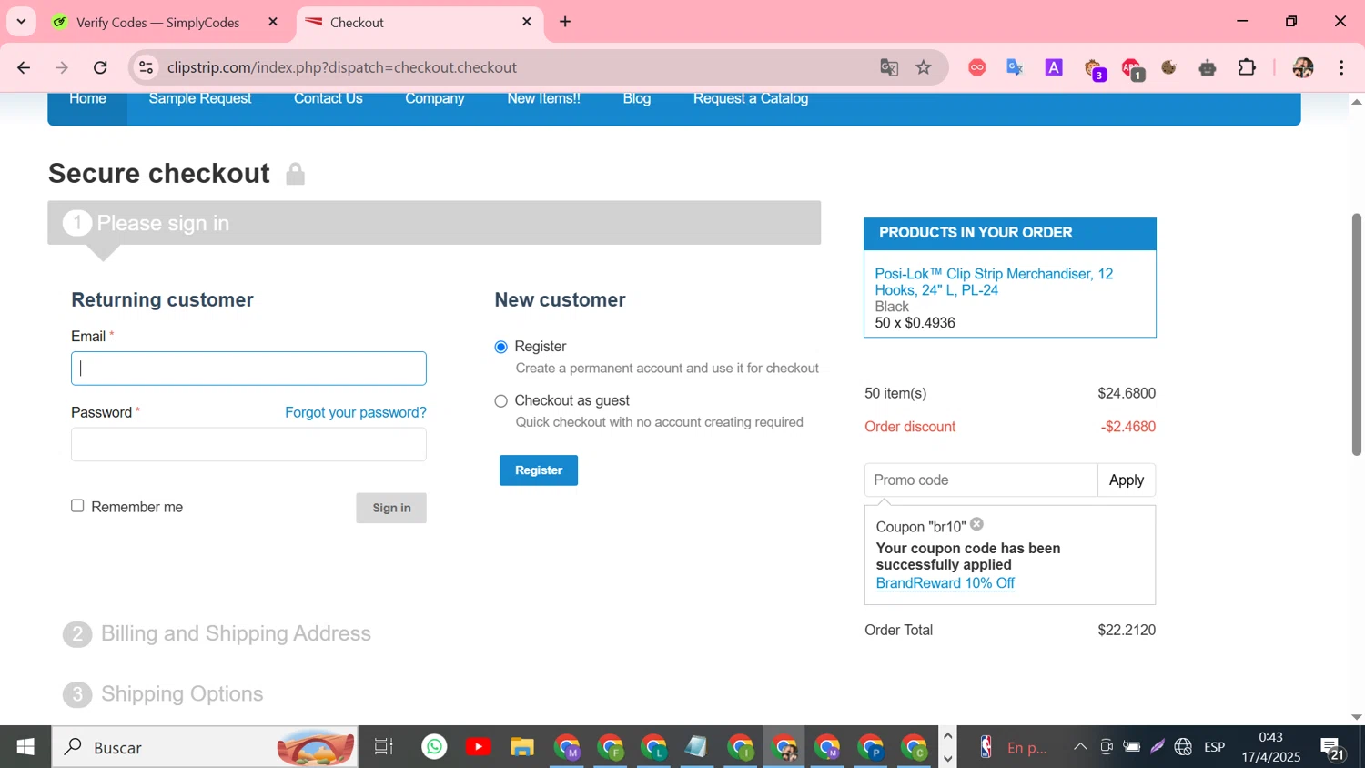 Clip Strips promo code screenshot showing code BR10 applied at Clip Strips checkout page. Uploaded by SimplyCodes community member Susejprimera on Apr 17, 2025