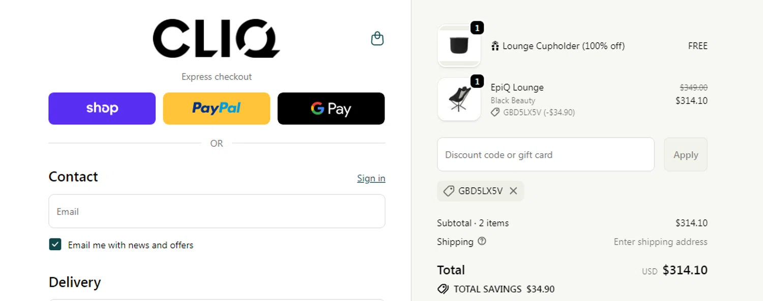 Cliq promo code screenshot showing code GBD5LX5V applied at Cliq checkout page. Uploaded by SimplyCodes community member Enamorado on Feb 1, 2026