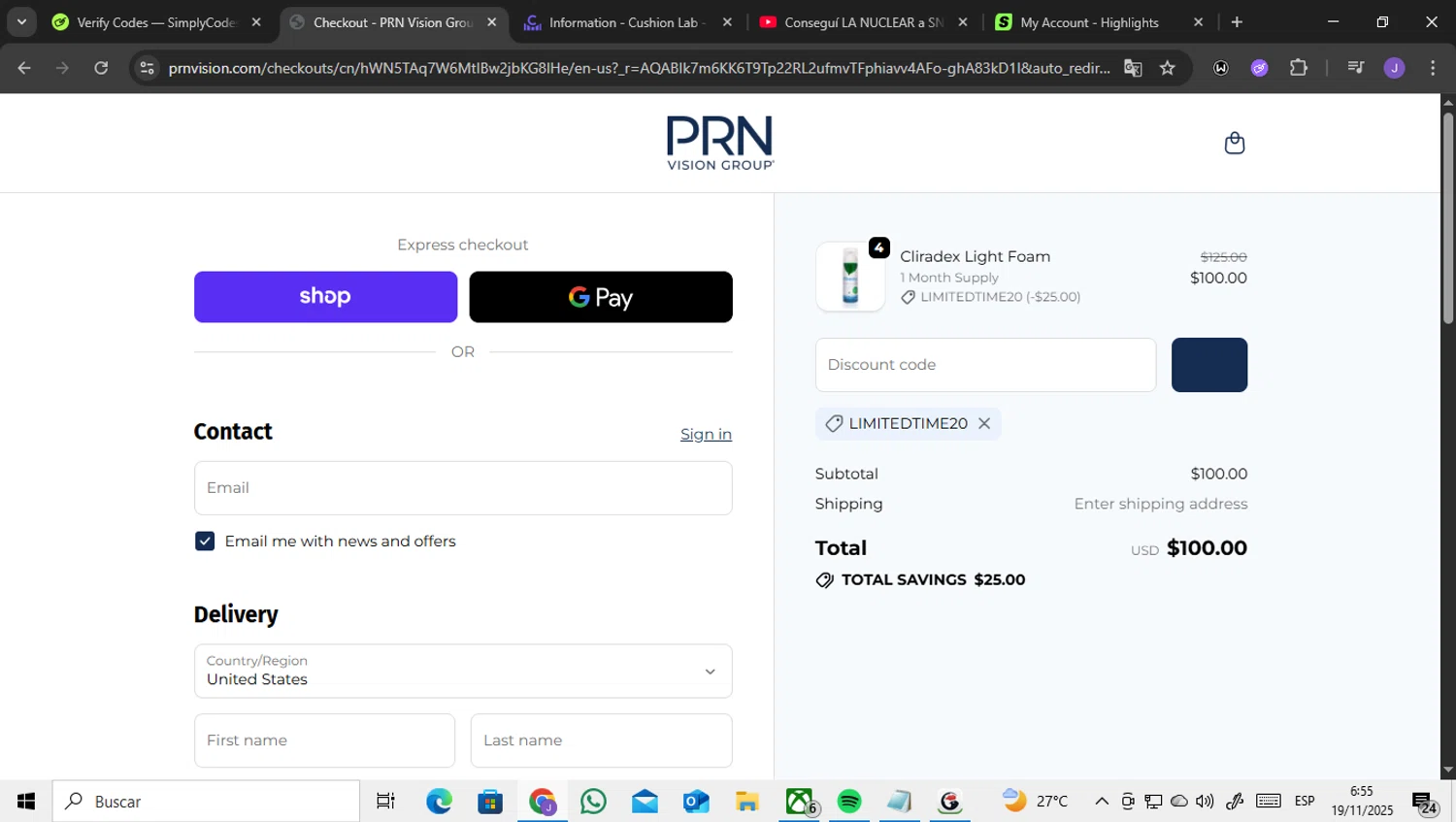 Cliradex coupon code screenshot showing code LIMITEDTIME20 applied at Cliradex checkout page. Uploaded by SimplyCodes community member ENCARAMESSI on Nov 19, 2025