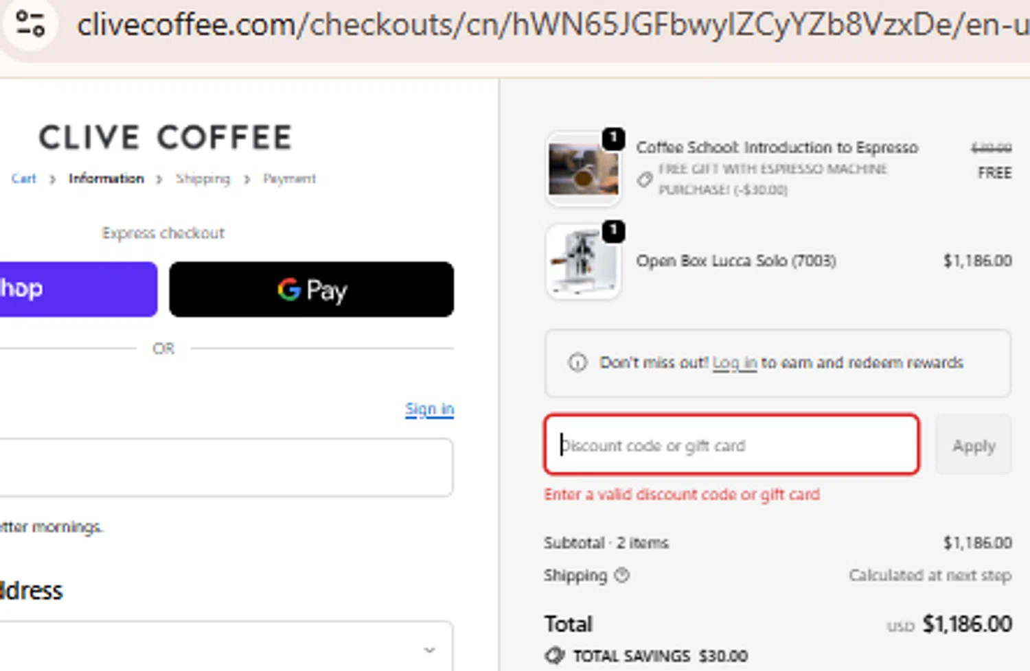 Clive Coffee discount code screenshot showing code FALL25 applied at Clive Coffee checkout page. Uploaded by SimplyCodes community member BudgetLion5814 on Dec 5, 2025