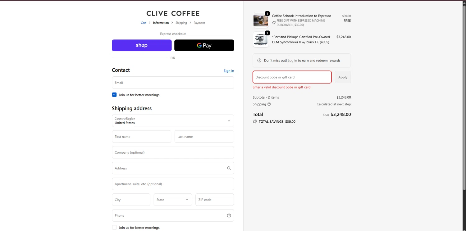 Clive Coffee discount code screenshot showing code FALL25 applied at Clive Coffee checkout page. Uploaded by SimplyCodes community member FortunateSeeker4672 on Dec 5, 2025