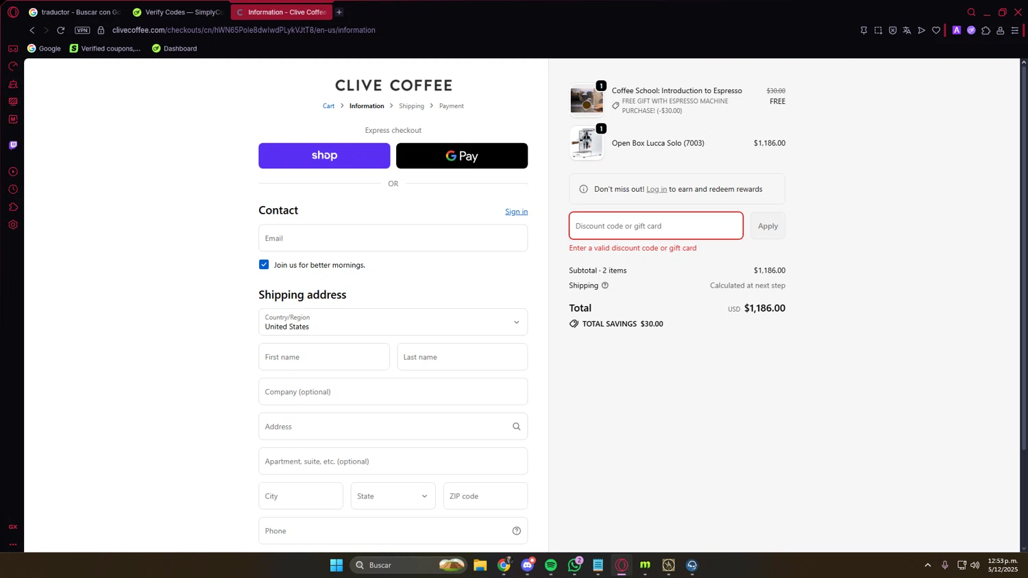 Clive Coffee discount code screenshot showing code FALL25 applied at Clive Coffee checkout page. Uploaded by SimplyCodes community member LuckyVoyager5522 on Dec 5, 2025