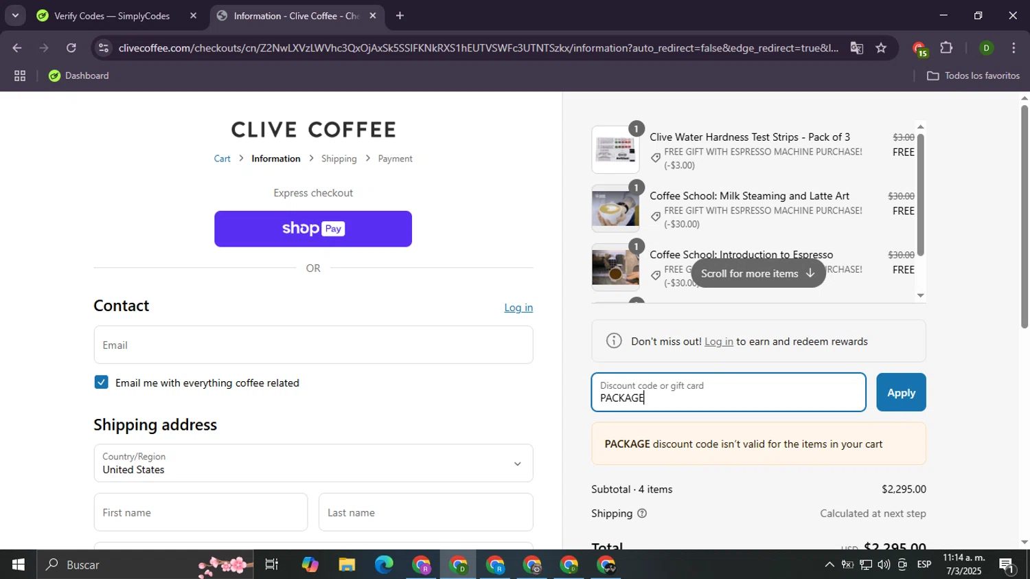 Clive Coffee discount code screenshot showing code PACKAGE applied at Clive Coffee checkout page. Uploaded by SimplyCodes community member Daemon06 on Mar 7, 2025