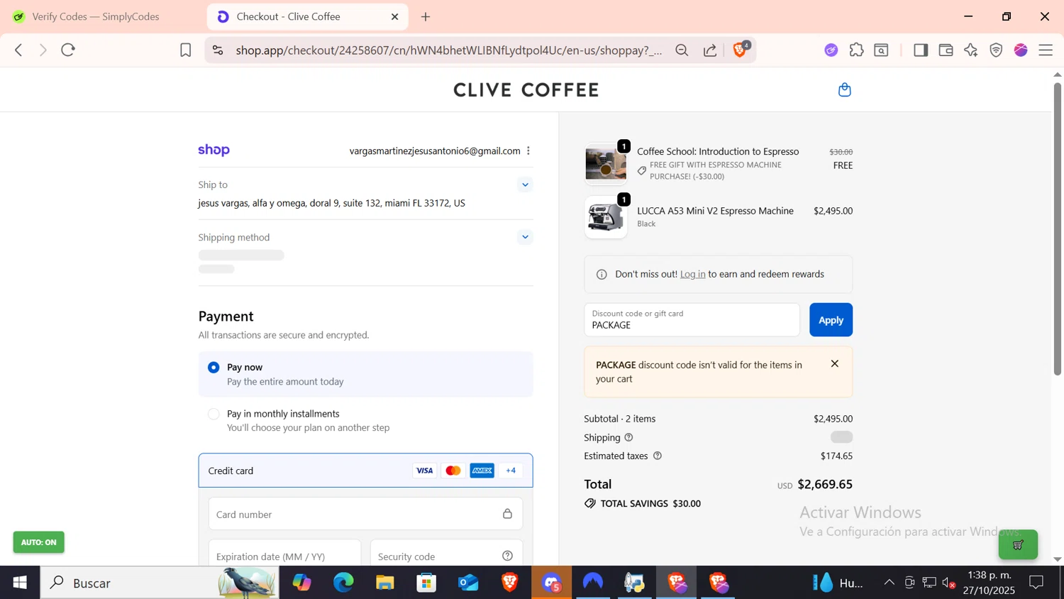 Clive Coffee discount code screenshot showing code PACKAGE applied at Clive Coffee checkout page. Uploaded by SimplyCodes community member CODMOBILE1 on Oct 27, 2025