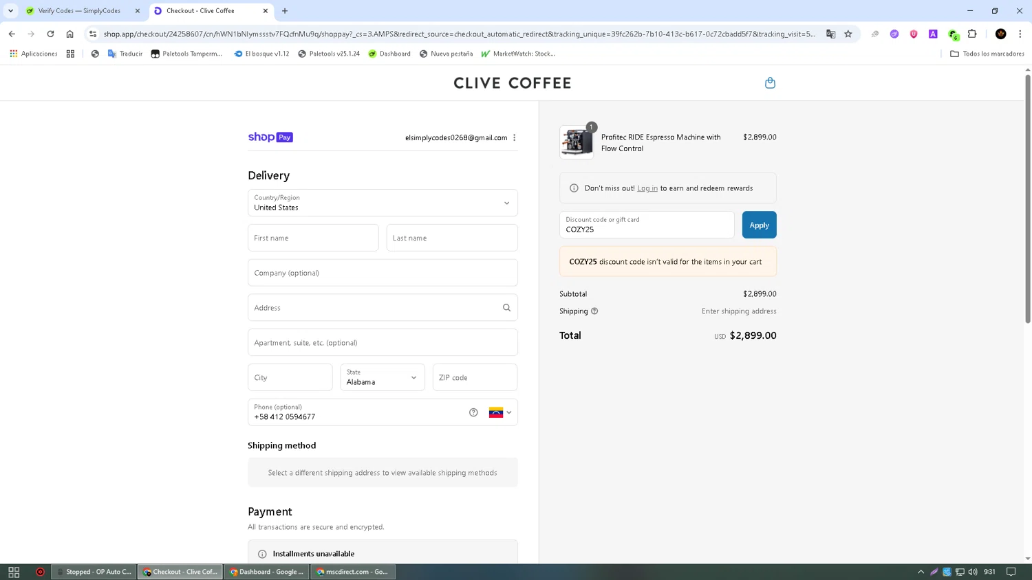 Clive Coffee discount code screenshot showing code COZY25 applied at Clive Coffee checkout page. Uploaded by SimplyCodes community member Alkelino74 on Aug 9, 2025