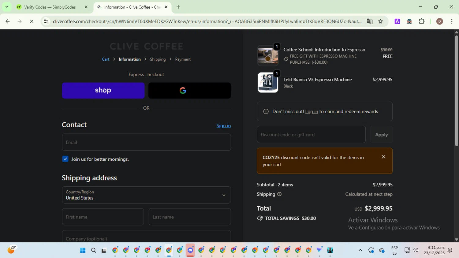 Clive Coffee discount code screenshot showing code COZY25 applied at Clive Coffee checkout page. Uploaded by SimplyCodes community member NobleWarden6764 on Dec 23, 2025