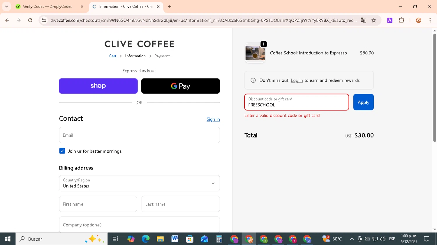 Clive Coffee discount code screenshot showing code FREESCHOOL applied at Clive Coffee checkout page. Uploaded by SimplyCodes community member RebateCollector5909 on Dec 5, 2025