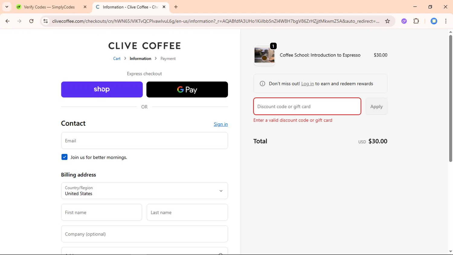 Clive Coffee discount code screenshot showing code FREESCHOOL applied at Clive Coffee checkout page. Uploaded by SimplyCodes community member davidguardia on Dec 5, 2025