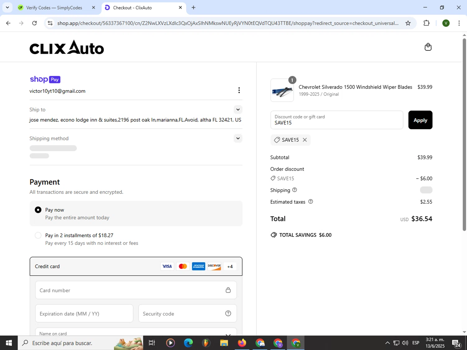 Clix Auto promo code screenshot showing code SAVE15 applied at Clix Auto checkout page. Uploaded by SimplyCodes community member PrimeWizard4168 on Jun 13, 2025