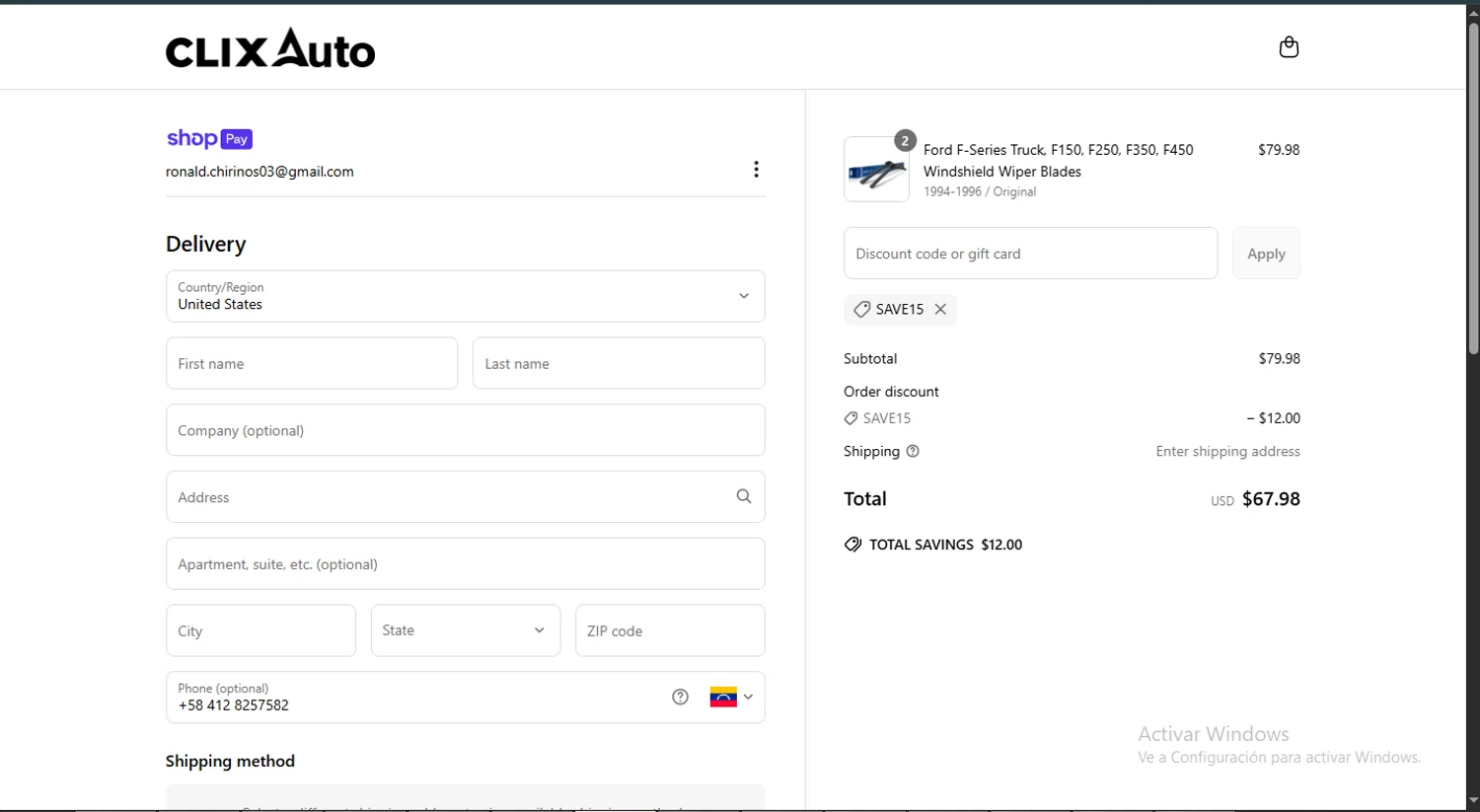Clix Auto promo code screenshot showing code SAVE15 applied at Clix Auto checkout page. Uploaded by SimplyCodes community member BrilliantTitan7739 on Apr 22, 2025