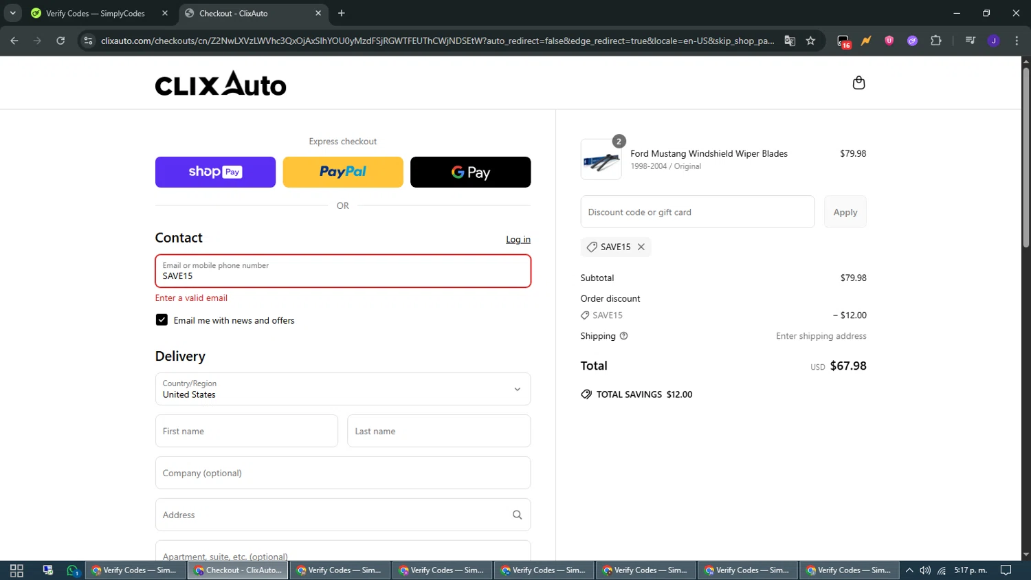 Clix Auto promo code screenshot showing code SAVE15 applied at Clix Auto checkout page. Uploaded by SimplyCodes community member WiseMaven9968 on Jun 16, 2025