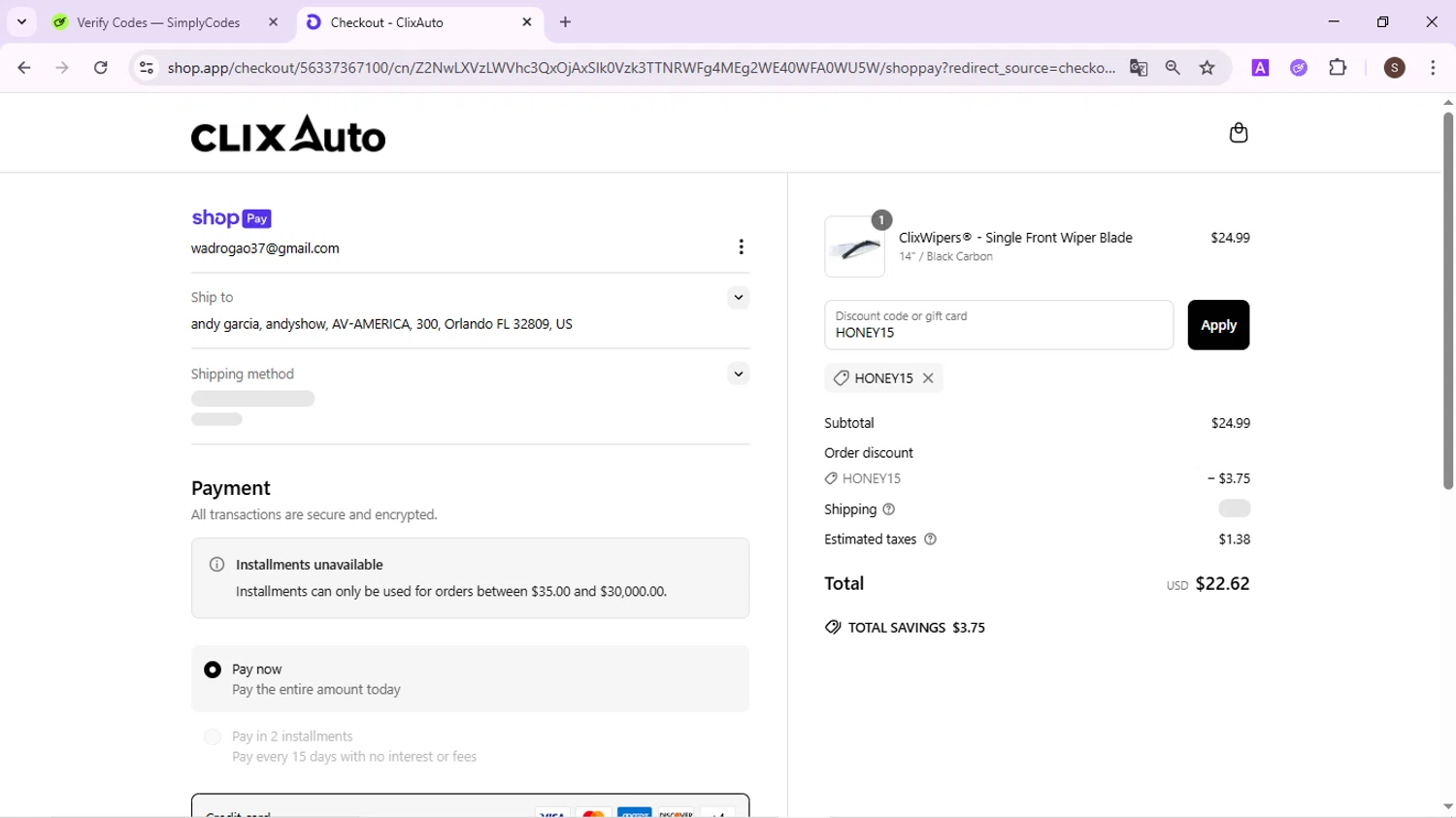 Clix Auto promo code screenshot showing code HONEY15 applied at Clix Auto checkout page. Uploaded by SimplyCodes community member QuestPhoenix2794 on Jun 19, 2025