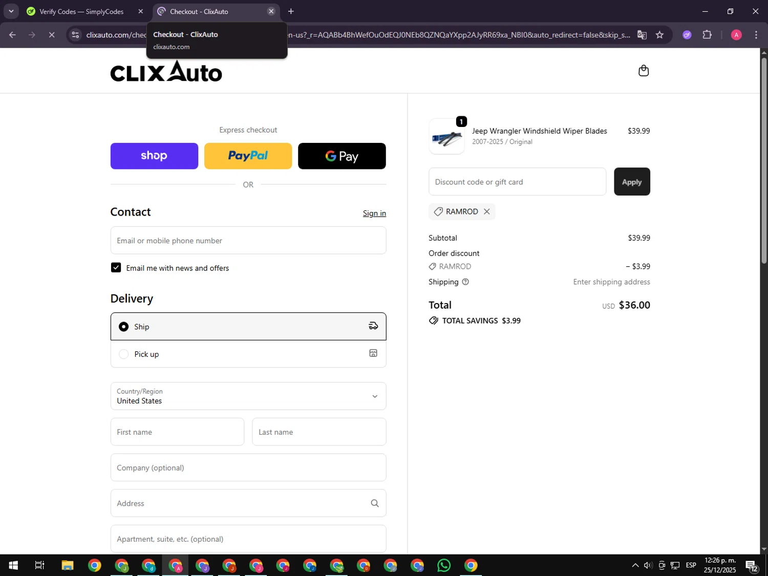 Clix Auto promo code screenshot showing code RAMROD applied at Clix Auto checkout page. Uploaded by SimplyCodes community member CrownHawk3462 on Dec 25, 2025