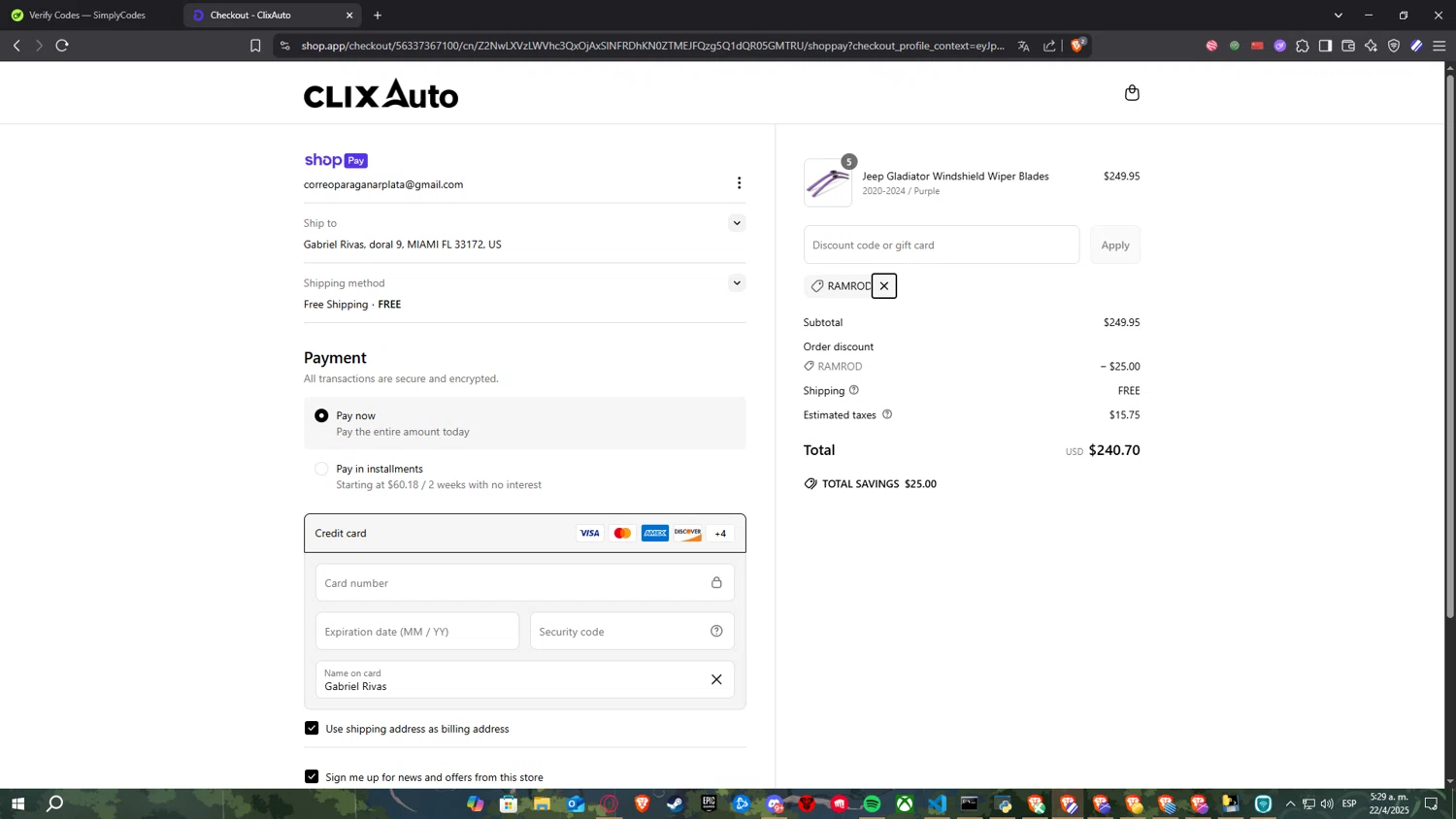 Clix Auto promo code screenshot showing code RAMROD applied at Clix Auto checkout page. Uploaded by SimplyCodes community member ElPelao on Apr 22, 2025