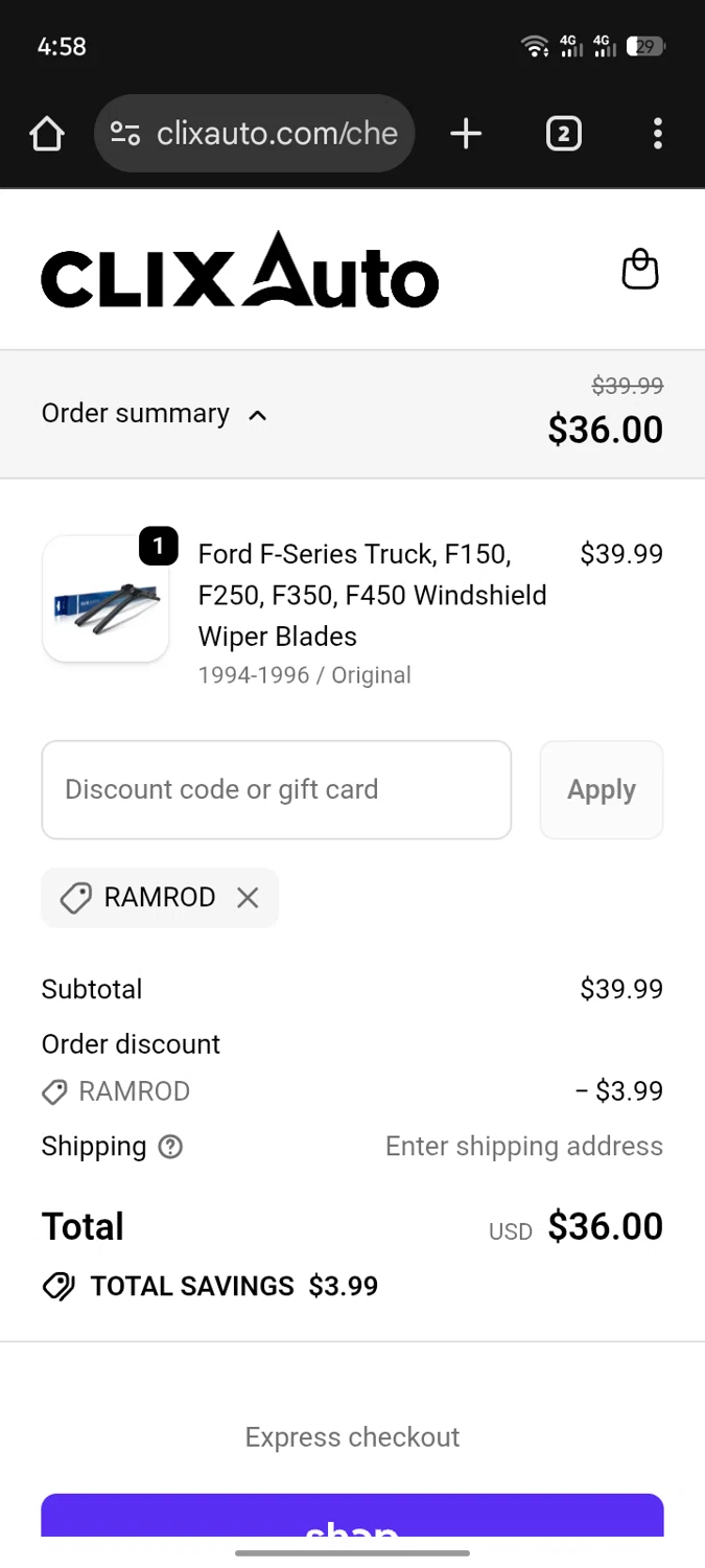 Clix Auto promo code screenshot showing code RAMROD applied at Clix Auto checkout page. Uploaded by SimplyCodes community member SInNOMBRE on Dec 25, 2025