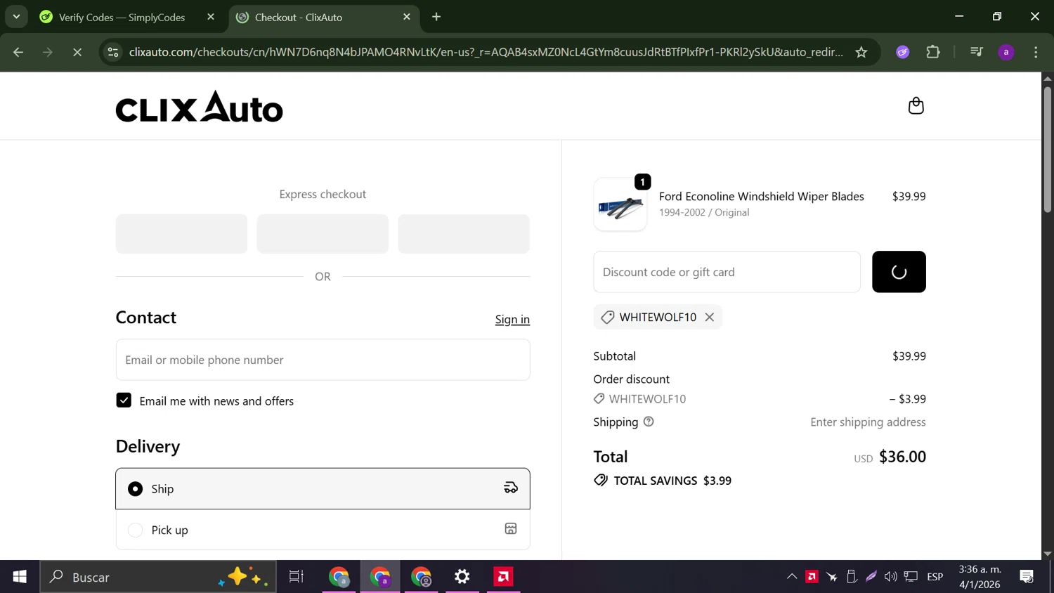 Clix Auto promo code screenshot showing code WHITEWOLF10 applied at Clix Auto checkout page. Uploaded by SimplyCodes community member Anderson on Jan 4, 2026