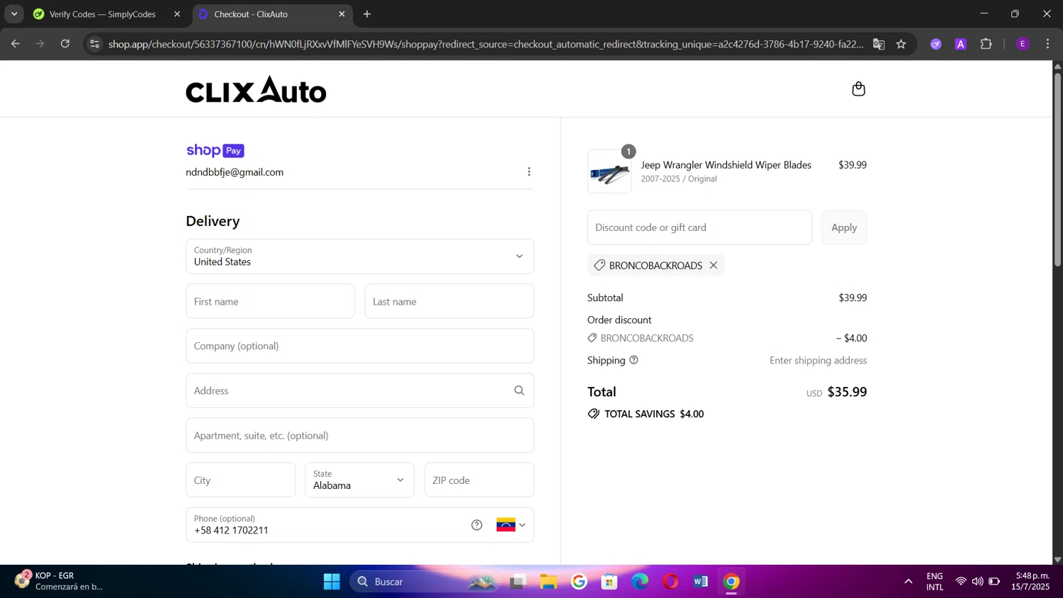 Clix Auto promo code screenshot showing code BRONCOBACKROADS applied at Clix Auto checkout page. Uploaded by SimplyCodes community member Elenita on Jul 15, 2025