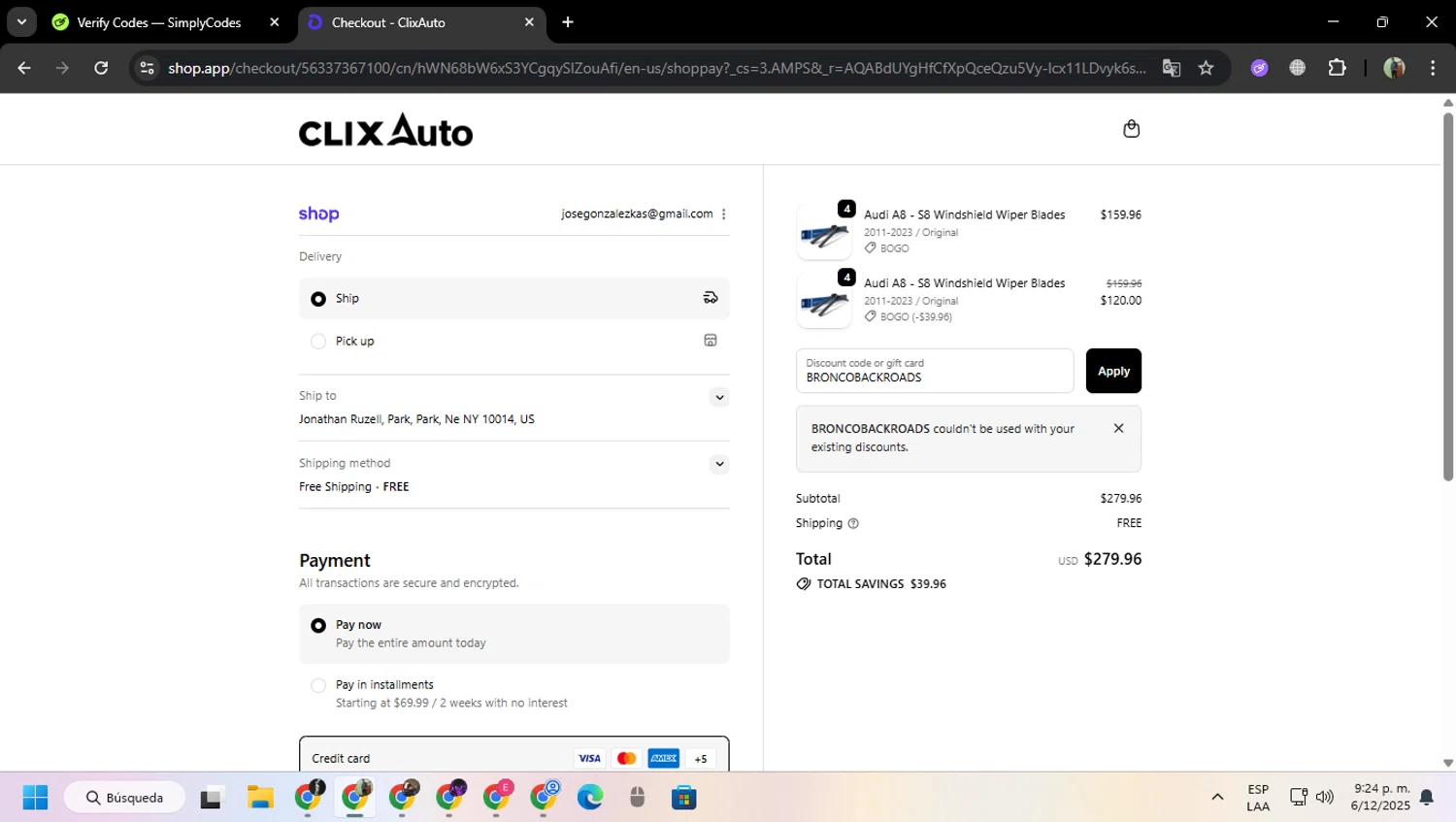 Clix Auto promo code screenshot showing code BRONCOBACKROADS applied at Clix Auto checkout page. Uploaded by SimplyCodes community member MoneySentinel7597 on Dec 7, 2025