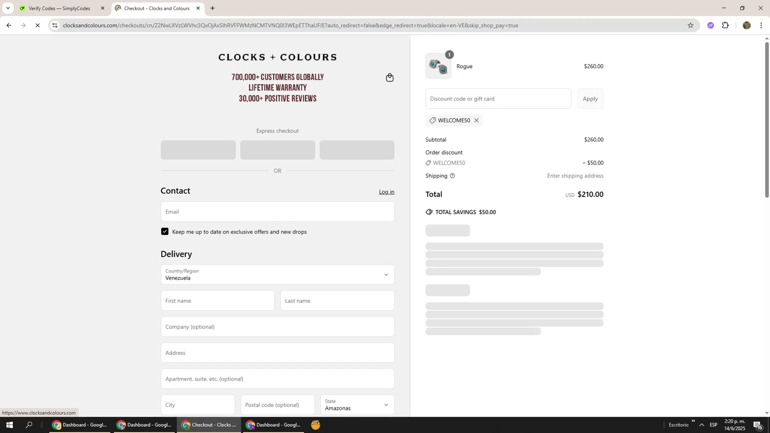 Clocks and Colours discount code screenshot showing code WELCOME50 applied at Clocks and Colours checkout page. Uploaded by SimplyCodes community member Phoenix585 on Jun 14, 2025