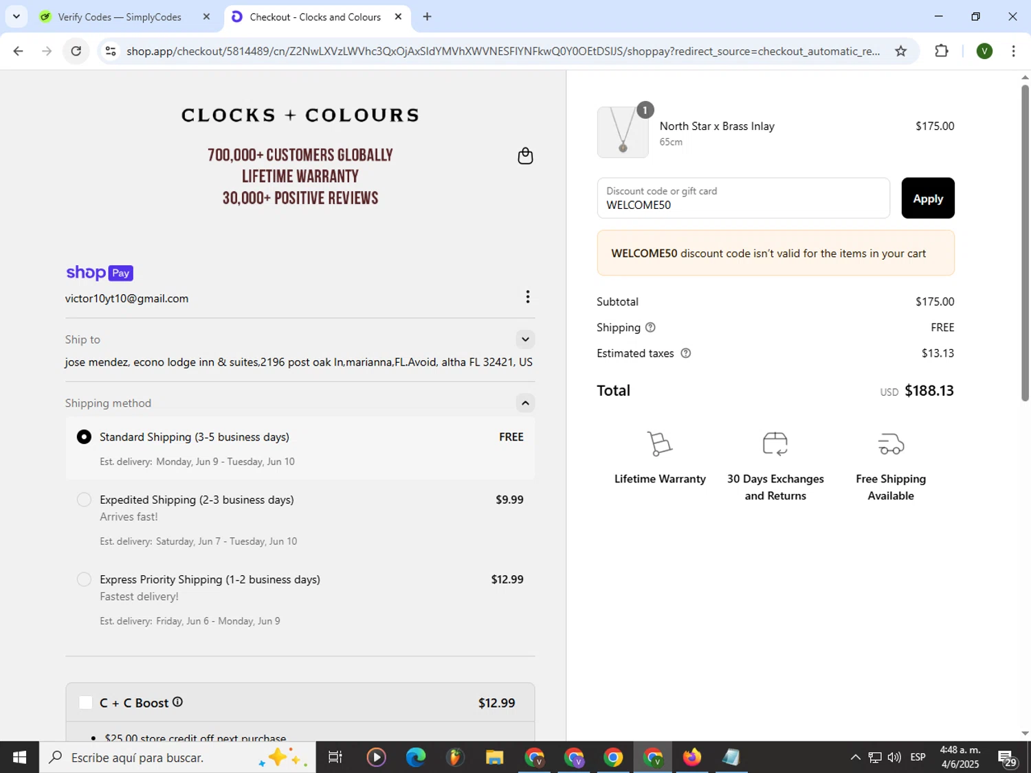Clocks and Colours discount code screenshot showing code WELCOME50 applied at Clocks and Colours checkout page. Uploaded by SimplyCodes community member PrimeWizard4168 on Jun 4, 2025