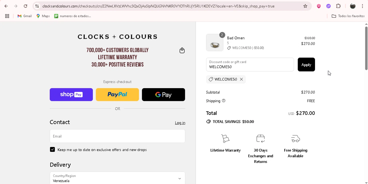 Clocks and Colours discount code screenshot showing code WELCOME50 applied at Clocks and Colours checkout page. Uploaded by SimplyCodes community member adrianvasquez1 on Jul 8, 2025
