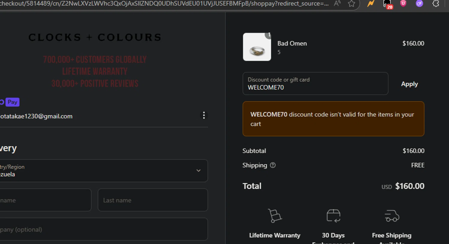 Clocks and Colours discount code screenshot showing code WELCOME70 applied at Clocks and Colours checkout page. Uploaded by SimplyCodes community member Gianpiero on Jun 29, 2025