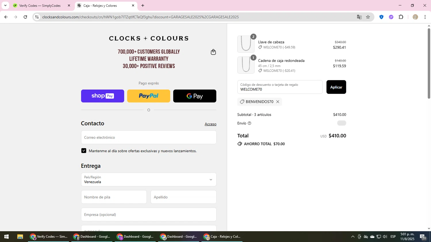 Clocks and Colours discount code screenshot showing code WELCOME70 applied at Clocks and Colours checkout page. Uploaded by SimplyCodes community member NobleScholar4826 on Aug 11, 2025
