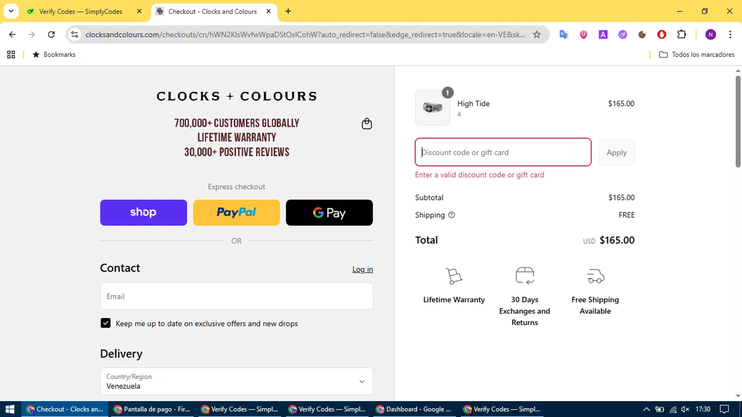 Clocks and Colours discount code screenshot showing code ccstack35 applied at Clocks and Colours checkout page. Uploaded by SimplyCodes community member CleverCurator2158 on Aug 28, 2025