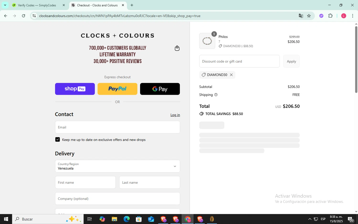 Clocks and Colours discount code screenshot showing code DIAMOND30 applied at Clocks and Colours checkout page. Uploaded by SimplyCodes community member SilverFox3257 on Aug 15, 2025