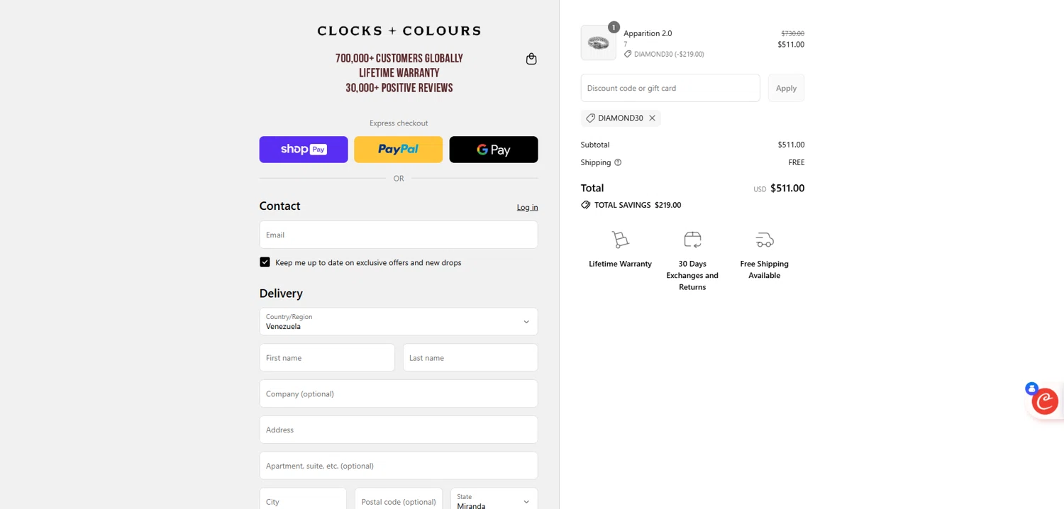 Clocks and Colours discount code screenshot showing code DIAMOND30 applied at Clocks and Colours checkout page. Uploaded by SimplyCodes community member Dorothy on Aug 5, 2025