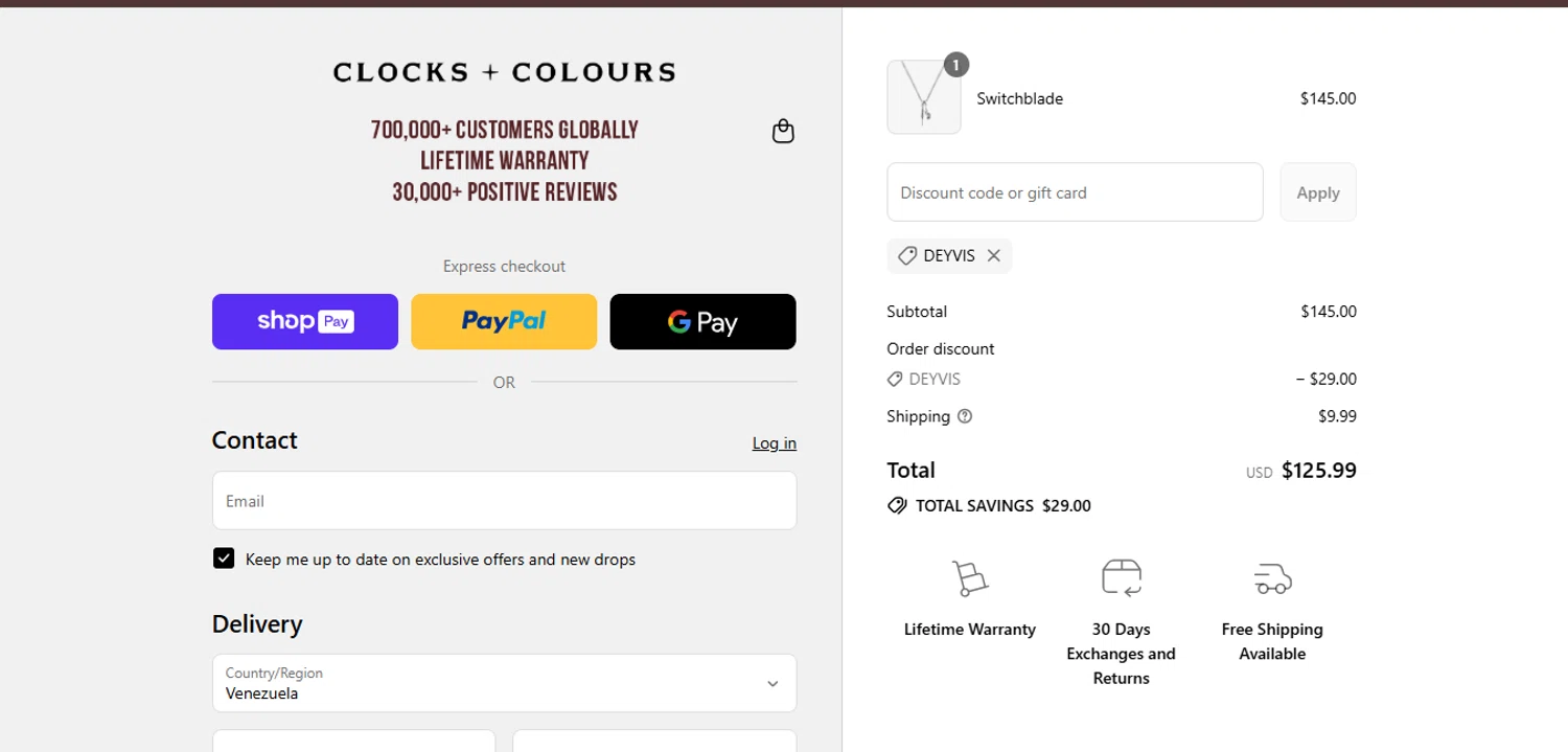 Clocks and Colours discount code screenshot showing code Deyvis applied at Clocks and Colours checkout page. Uploaded by SimplyCodes community member juanisaac on Aug 20, 2025